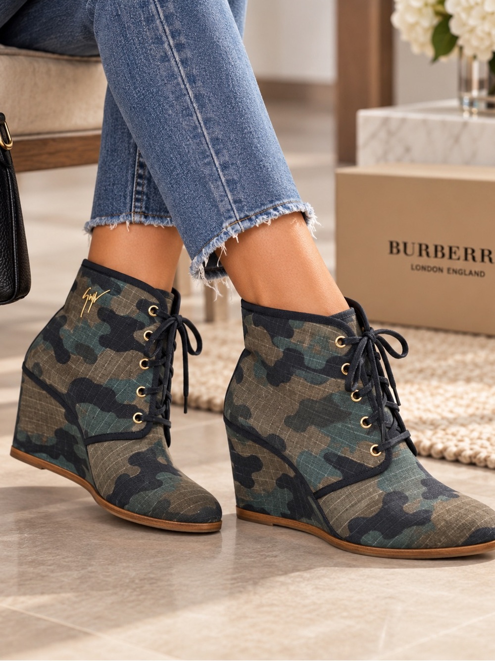Giuseppe Zanotti Green Camo Lace-Up Wedge Booties (8.5/9)